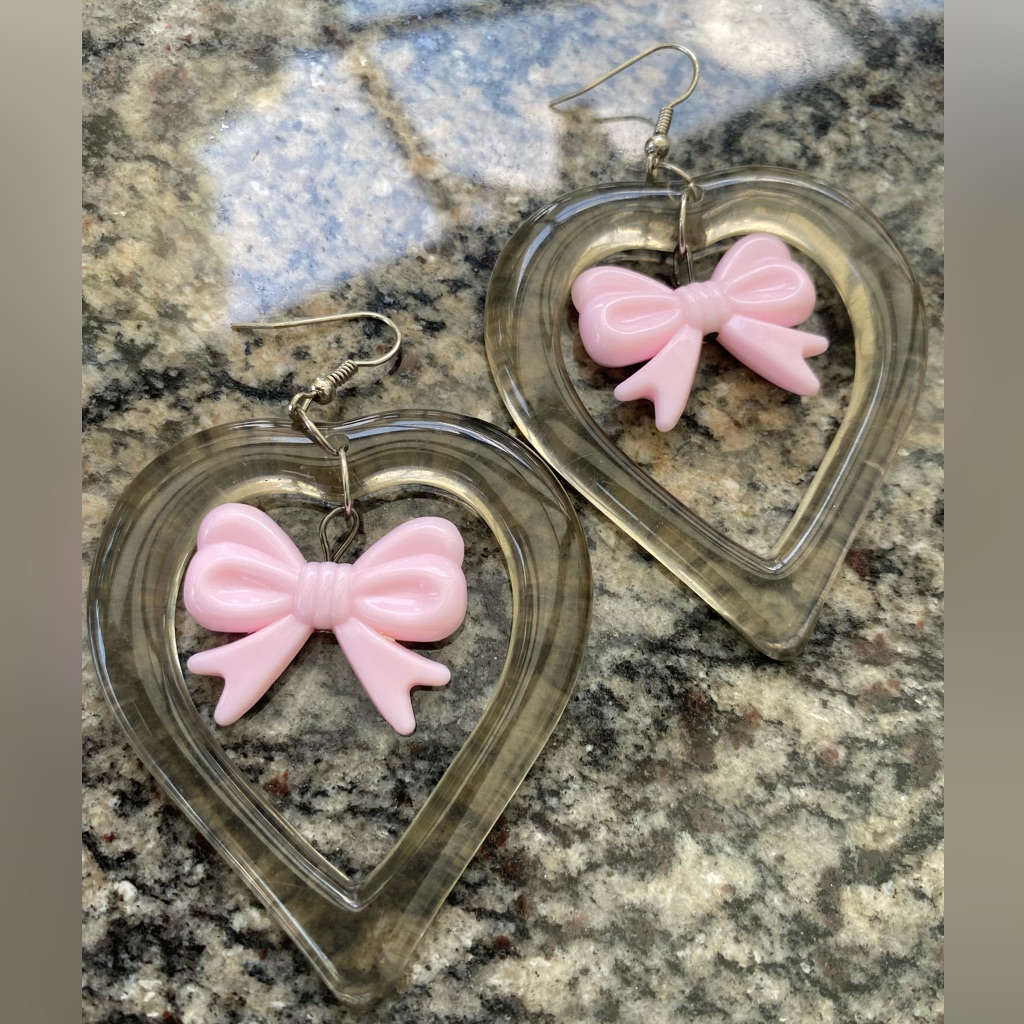 Black Translucent Heart Bow Knot Pink Pastel Barbie Delicate Dangle Earrings